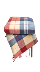 Folded plaid blanket, red, blue, cream