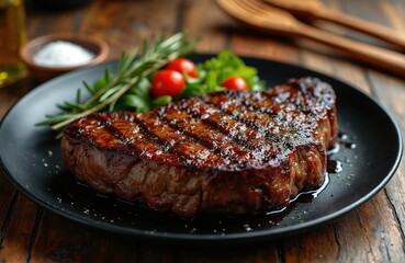 Grilled beef steak on black plate shows strong grill marks. Juicy meat, fresh rosemary, cherry tomatoes, green salad sit on rustic wooden table. Delicious restaurant style meal served at dinner with