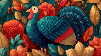 funny thanksgiving turkey surrounded by autumn leaves, illustration  