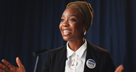 Speech, black woman or politician with announcement for press conference, mayor vote or democracy. Confident, female person and speaker at political rally for election campaign, policy or leadership.
