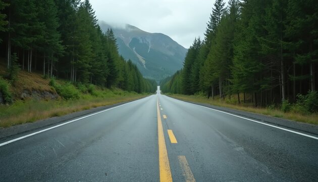 Empty asphalt road leads through dense pine forest. Green trees line both sides. Distant misty mountains rise under a cloudy sky. This scenic route is a peaceful journey in wild nature.
