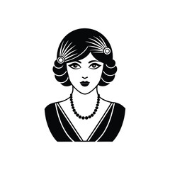 Elegant retro flapper girl portrait illustration in black and white. Art deco woman silhouette, beaded necklace, vintage hairstyle, classic feminine style