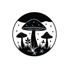 Whimsical Mushroom Circle Detailed Forest Scene with Fungi, Grass, and Stars in Black and White