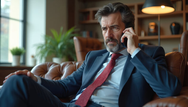 Middle-aged businessman talks on mobile phone in a modern office. He wears a suit and sits on a leather couch, showing a serious expression. Man handles an important business call, a pro at work. - Powered by Adobe