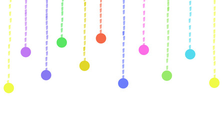 Hanging Colorful Balls with Matching Dashed Lines in Purple, Yellow, Blue, Green, Red, and Pink for a Playful, Festive, and Minimalist Decorative Design