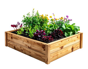 Raised wooden garden bed with colorful plants