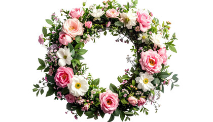 Flower wreath. Pink & white roses, green leaves, airy
