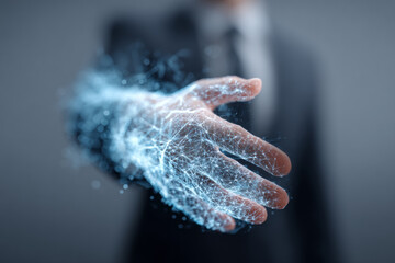 Obraz premium Close-up of a digitally rendered handshake representing innovation, trust, and collaboration in modern business and technology.