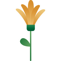 Stylized Golden Orange Flower with Green Stem and Leaf on Transparent Background Simple Botanical Illustration