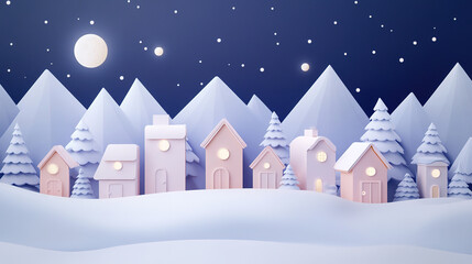 Christmas-themed illustration of a small house under a snow-capped mountain