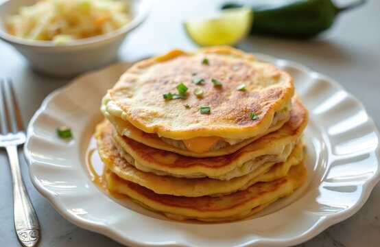 Stack of cheesy pupusas with chopped chives on white plate. Side of curtido slaw and lime wedge. Fork waits to eat. Traditional Salvadoran cuisine.