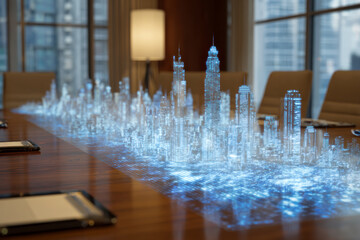 A futuristic holographic city model displayed on a conference table, symbolizing innovation, digital transformation, and urban technology development in modern business planning.