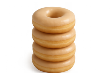 Stacking four glazed caramel donuts on transparent background