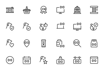 Pet Shop icon set. Vector illustration. Includes symols for dog, cat, fish, cae, toy, food, bone, medicie and more. Editable strok.