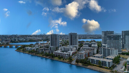 Obraz premium Wentworth Point a suburb in western Sydney newly built residential high rise apartments area on Parramatta River Sydney NSW Australia