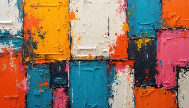 Geometric abstract design with bold brushstrokes. Texture rich surface has blocks of orange pink blue white yellow and black. It is vibrant and modern creative paint splash canvas with oil stroke. - Powered by Adobe