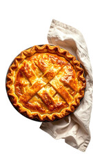 Golden brown lattice-topped pie with linen napkin