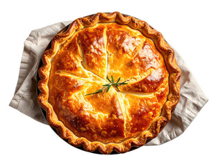 Golden-brown pie with decorative crust on white cloth