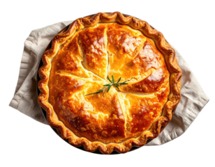 Golden-brown pie with decorative crust on white cloth