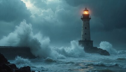 Obraz premium Lighthouse endures fierce ocean storm. Towering waves smash against sturdy stone base, rough rocky shoreline. Heavy rain falls from dramatic, dark, cloudy sky. Bright beacon light guides ships