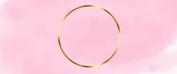 Elegant gold frame circles on a pink watercolor background with pastel brush strokes,  festive,  painted texture