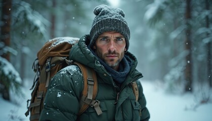 Man with backpack stands in snowy woods. Male wears warm jacket, beanie in cold winter weather. Person looks forward on winter nature landscape with snow on trees.