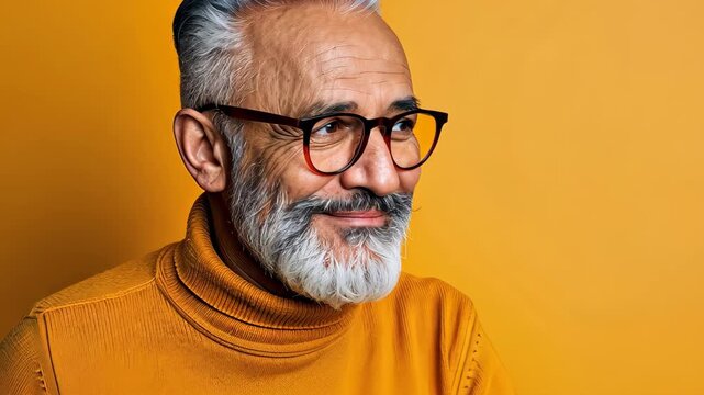 A contemplative senior with eyeglasses: A distinguished senior, his eyes sparkling with a lifetime of experience, gazes thoughtfully beyond the frame.
