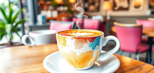 Warm artistic coffee cup with steam in cozy colorful cafe morning atmosphere