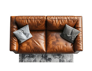 Leather couch, grey pillows, rug aerial view