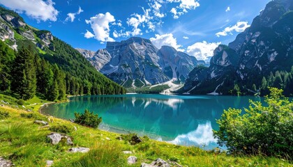 Turquoise Lake Nestled Amidst Majestic Rocky Mountains and Lush Green Pine Forests Under a Bright Blue Sunny Sky with Fluffy White Clouds