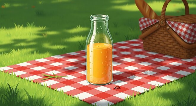 Refreshing Orange Juice Bottle on a Red Gingham Picnic Blanket in a Sunny Park. - Powered by Adobe