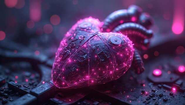 Glowing biomechanical heart connected to a motherboard. Artificial organ pulses with pink neon energy. Futuristic concept of cyborg technology, AI, and bionic innovation.