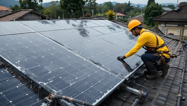 Professional technician installing solar panels on roof for sustainable energy solutions and eco-friendly living, promoting environmental responsibility