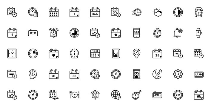 Time and Date icon set. Vector illustration. Include symbols for calendar, clok, schedule, hourglass, stpwatch, birthday, seasons,notification, time managemnt and more.