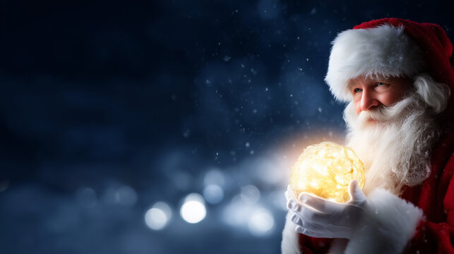 Magical Santa Claus in red suit with white beard holding a glowing Christmas ornament in his hand, surrounded by softly falling snowflakes on a dark blue winter night background. W