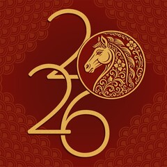 Luxury Chinese New Year 2026 Horse Symbol with Ornamental Golden Line Art on Red Background Elegant Asian Lunar Calendar Design