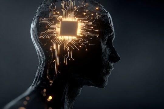 Side view of a human head integrated with glowing circuitry and a central microchip, symbolizing artificial intelligence, cybernetics, and human-machine integration. - Powered by Adobe