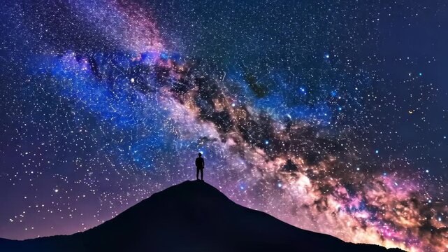 Celestial Explorer: A solitary figure stands atop a peak, gazing up at the majestic Milky Way, a breathtaking tapestry of stars stretching across the dark night sky.