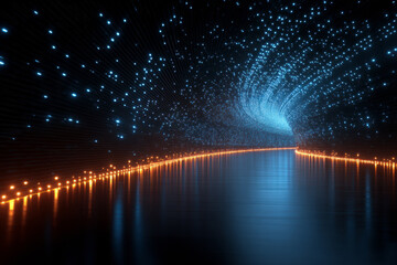 Fototapeta premium A glowing tunnel of blue and orange light particles, symbolizing artificial intelligence, data transfer, and futuristic digital communication networks.