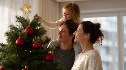 ChatGPT &Ntilde;&ETH;&ordm;&ETH;&deg;&ETH;&middot;&ETH;&deg;&ETH;&raquo;:A joyful family is decorating their Christmas tree together in a bright, cozy living room. The father holds his young daughter on his shoulders as she carefully plac