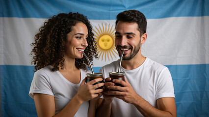 Smiling couple drinking traditional yerba mate with an Argentina flag background. Happy man and woman enjoying a cultural south american beverage