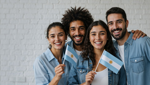 Happy diverse group of friends holding the flag of Argentina. Young multicultural people smiling and supporting their country