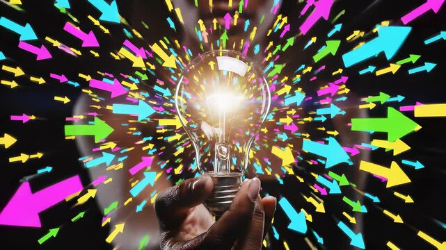 Woman holding light bulb surrounded by swirling arrows, conveying innovation and creativity, perfect for technology, invention, or entrepreneurial ventures.