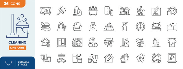 Minimalist Cleaning outine icons set with editable stroke. thin linear illustration. Vector illustration