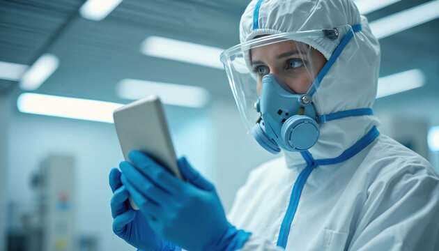 Scientist wears full protective suit, mask, and goggles, checks tablet. Lab work involves biohazard research. Woman uses tech in sterile facility.