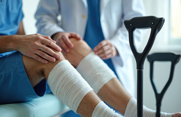 Fototapeta premium Doctor examines man with bandaged leg. Patient wears blue scrubs with injury on knee and foot. Crutches stand by medical bed, awaiting recovery.