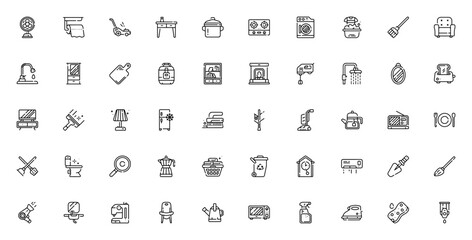 Homeware icon set. Minimal vector icons pack. Featurng fan, toilet paper, washng machine, chair, fridge,broom, teapot and more houehold items. Editable stroe.