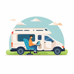 Man working on a laptop while sitting in a camper van