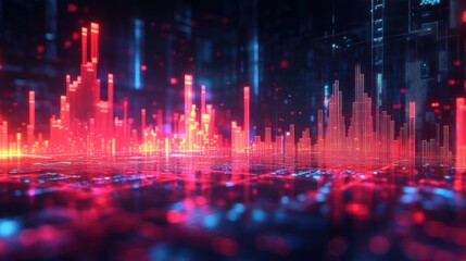 Abstract digital cityscape with glowing red and blue skyscraper-like data bars creating a futuristic urban skyline effect