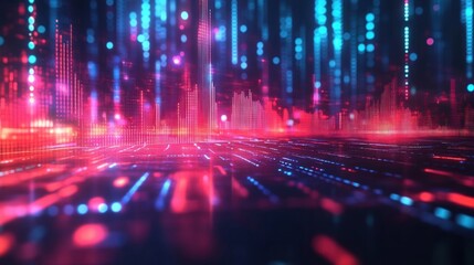 Futuristic digital landscape with glowing neon red and blue light grids and vertical data bars suggesting advanced technology and data flow